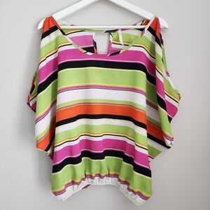 MANITO Blouse Womens Large Stripe Chiffon Cold‎ Shoulder Elasticated Waist Pink